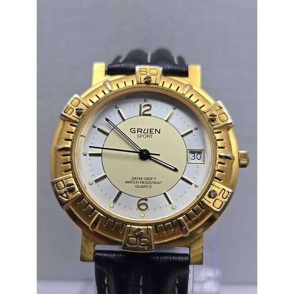 Gruen Sport Quartz Date Gold Tone Bezel 3ATM 100FT Mens Watch New Battery Analog - Picture 4 of 13